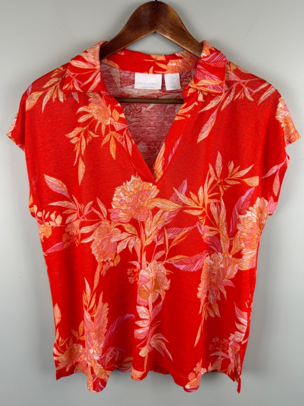 Cynthia Rowley Linen bright tropical orange Floral V-Neck collared blouse Med